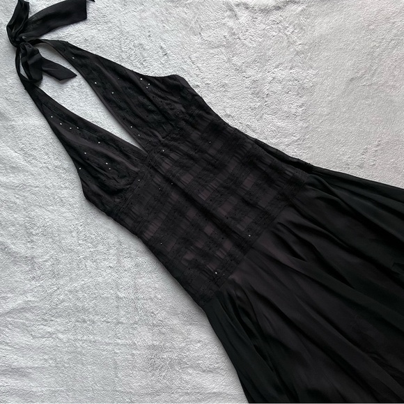 BCBGMaxAzria Silk Sequin Handkerchief Hem Halter Cocktail Dress Gown Y2K Black - Picture 1 of 14